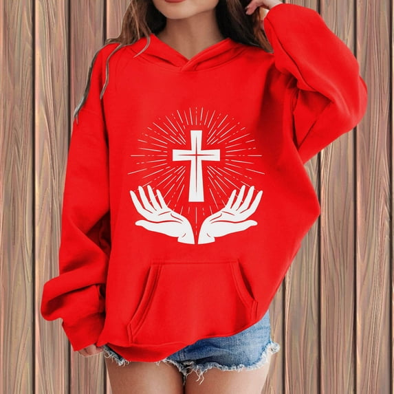 Tfken Toddler Children Girls Hoodies Comfortable Summer Sweatshirt Cross Print Long Sleeve Red Tops Size 8-9 Years
