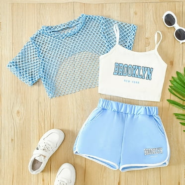 Tfken Toddler Children Girls Outfit Set Letter Print Short Sleeve Mesh Shirts With Shorts Cool Light Blue Outfits Sets Size 5-6 Years