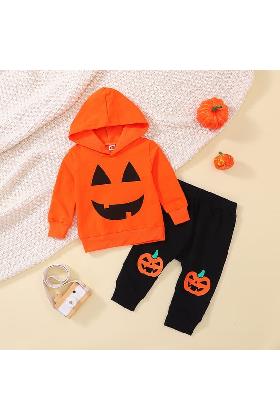 Toddler Children Girls Outfit Set Size 18-24 Months Halloween Party Funny Face Print Hoodie Sweatpants Set 2Pc Orange Outfits Sets