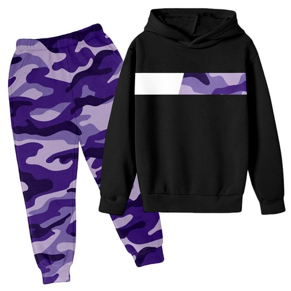 Tfken Toddler Children Girls Outfits Sets Hooded Long Sleeve Athleisure Sweatshirt Pant Camouflage Print Outdoor Clothing Set Black Size 9-10 Years