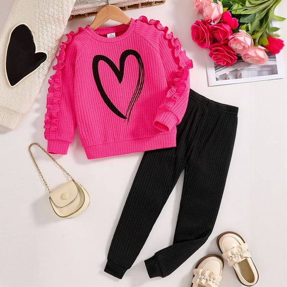 Tfken Toddler Children Girls Outfits Sets Size 3-4 Years Long Sleeve Heart Print Sweatshirt Pant Fashion Classic-Fit Red Clothing Set