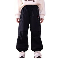 Tfken Toddler Children Girls Pants Warm Elastic Waist Cargo Straight-Leg Solid Color Black Trousers Size 8-9 Years