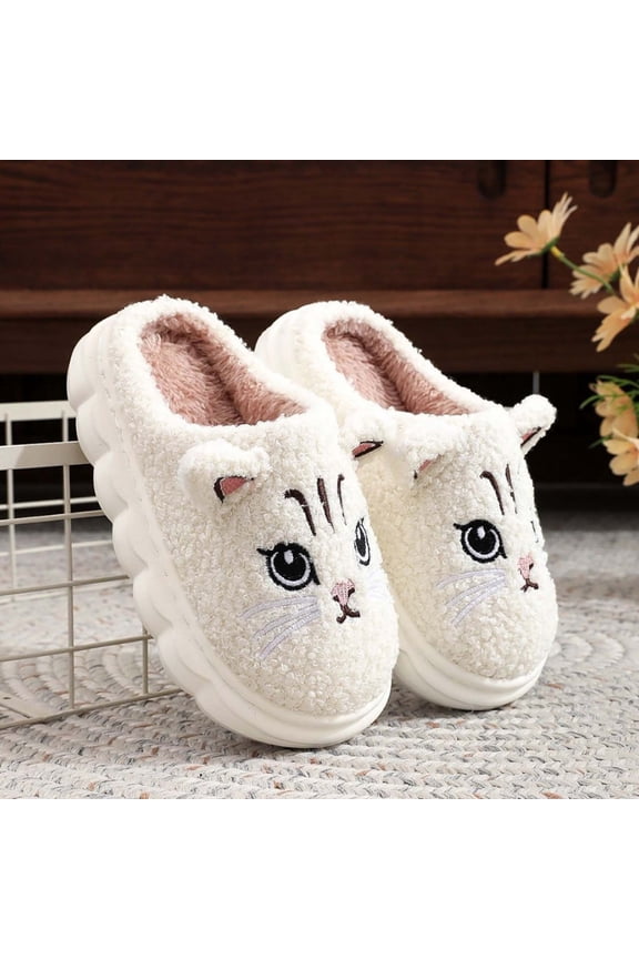 Toddler Children Girls Slippers Winter Fuzzy Plush Open Heel Cat Print Indoor White Sandal Size 10-10.5 Years
