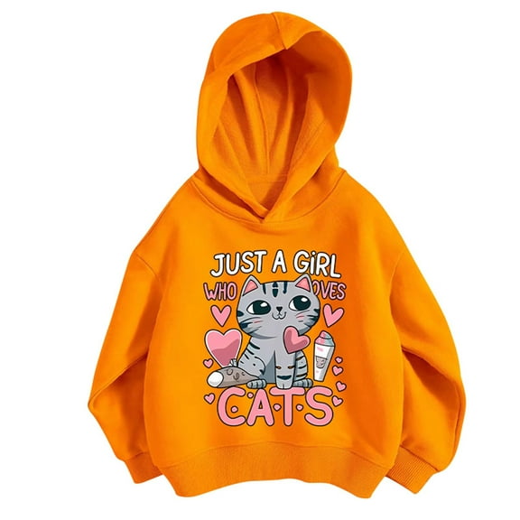 Tfken Toddler Children Girls Sweatshirt Hooded Long Sleeve Cat Print Tops Outdoor Fashion Pullover Sweater Orange Size 12-18 Months