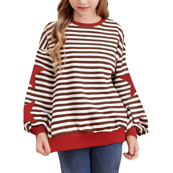 Tfken Toddler Children Girls T-Shirts Long Sleeve Striped Print Cute Tee Relaxed Crew Neck Red Tops Size 2-3 Years