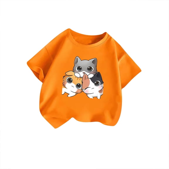 Tfken Toddler Children Girls Tee 2025 Crew Neck Short Sleeve Tops Breathable Cute Print Orange T-Shirts Size 13-14 Years