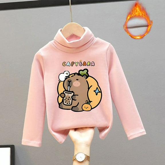 Tfken Toddler Children Girls Tee Long Sleeve Capybara Print Cute Tops Crew Neck Pink T-Shirts Size 2-3 Years