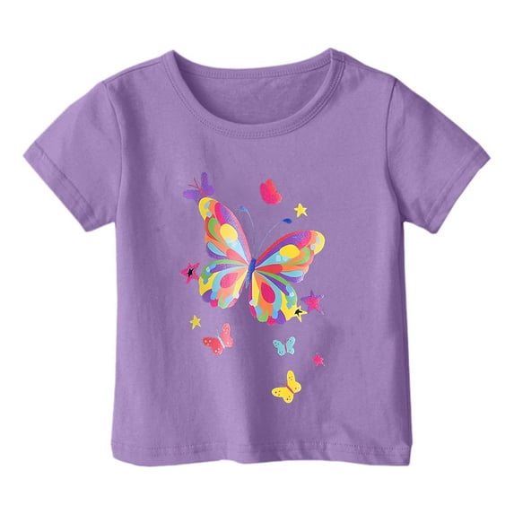 Tfken Toddler Children Girls Tops Size 4-5 Years Purple Summer Butterfly Print Tee Casual Short Sleeve T-Shirts