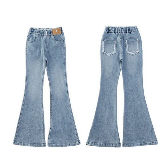 Tfken Toddler Children Girls jeans Ankle-Length Elastic Waist Distressed Flared Soft Fashion Denim Pant Blue Size 4-5 Years
