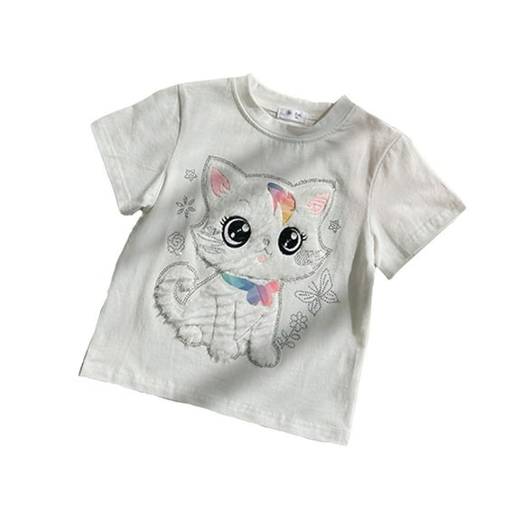 Tfken Toddler Girl Kids T-Shirts Crew Neck Short Sleeve Tops Cat Print Quick Dry Fashion Girls Tee Dark Gray Size 12-18 Months