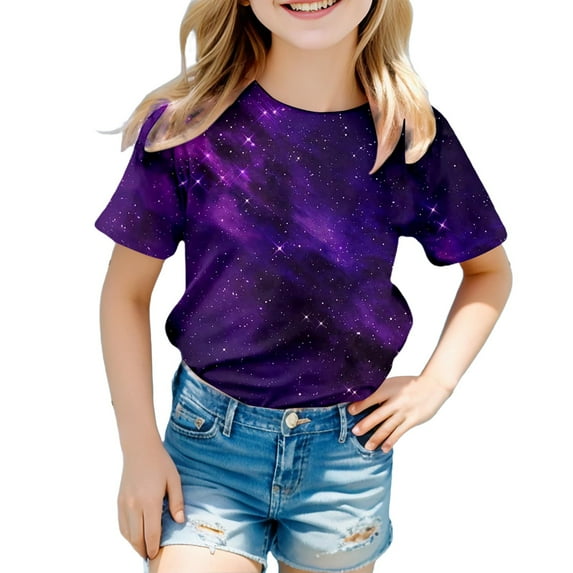 Tfken Toddler Girl Kids T-Shirts Crew Neck Short Sleeve Tops Cosmic Starry Night Print Comfortable Quick Dry Girls Tee White Size 3-4 Years
