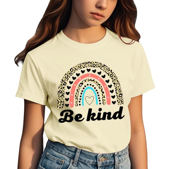 Tfken Toddler Girl Kids T-Shirts Crew Neck Short Sleeve Tops Heart Rainbow Print Summer Cute Girls Tee Light Yellow Size 12-13 Years