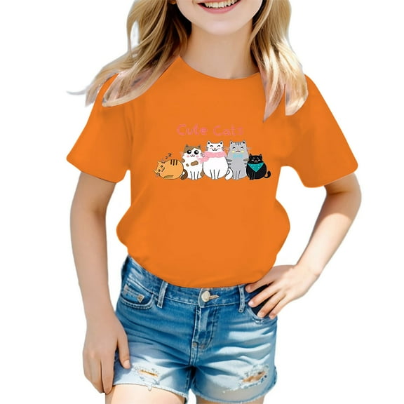 Tfken Toddler Girls Children tops Cute Cat Cartoon Print Short Sleeve Tee Summer Fashion Crew Neck T-shirts Orange Size 7-8 Years