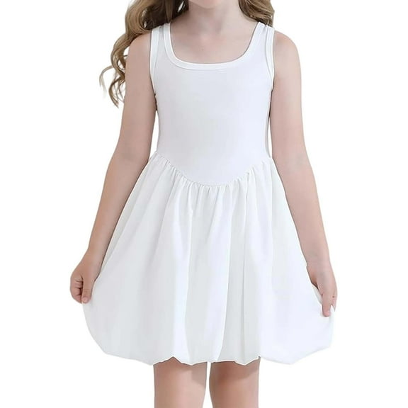Tfken Toddler Girls Dress A-Line Solid Color Comfortable Summer White Square Neck Kids Dresses Size 2 Years-3 Years