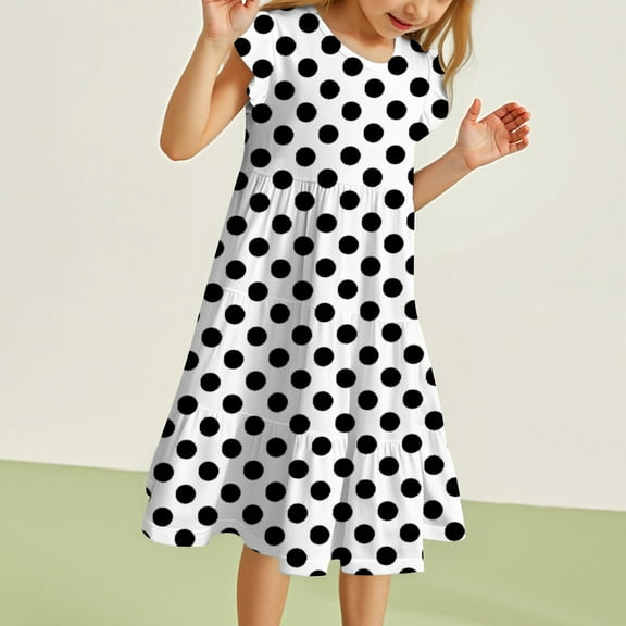 Tfken Toddler Girls Dress Daily Wear A-Line Cute Polka Dot Print Crew Neck White Kids Dresses Size 14 Years-15 Years