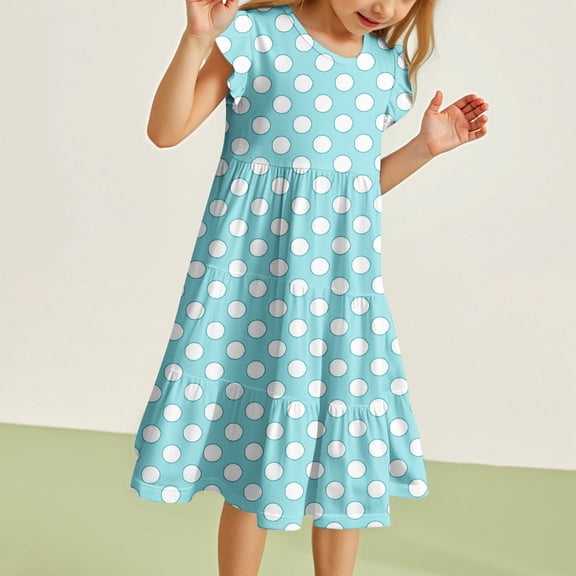 Tfken Toddler Girls Dress Polka Dot Print Loose Fashion Light Blue A-Line Kids Dresses Size 10 Years-11 Years