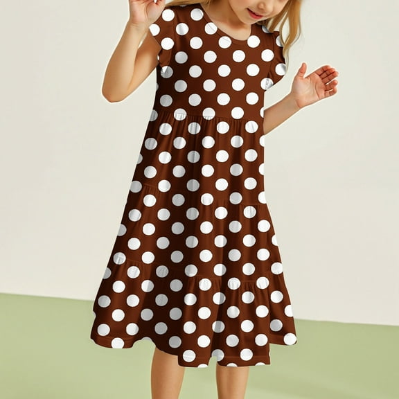 Tfken Toddler Girls Dress Polka Dot Print Summer Comfortable Brown A-Line Kids Dresses Size 10 Years-11 Years
