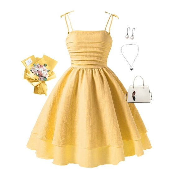 Tfken Toddler Girls Dress Solid Color Soft Cute Yellow A-Line Kids Dresses Size 11 Years-12 Years