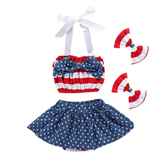 Tfken Toddler Girls Outfit Set 4Th Of July Patriotic Off Shoulder Tanks With Bow Polka Dot Print Skirts Hair Band Independence Day 3 Pieces Outfits Sets Red Size 3-4 Years