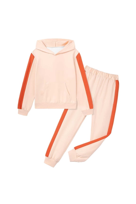 Toddler Girls Outfits Sets Hooded Color Block Athleisure Trendy Beige Clothing Set Size 2-3 Years