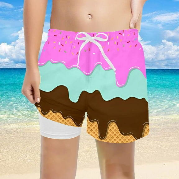 Tfken Toddler Kids Boys Swim Trunks Ice Cream Print Swimwear Summer Fashion Board Shorts Light Pink Size 10-12 Years
