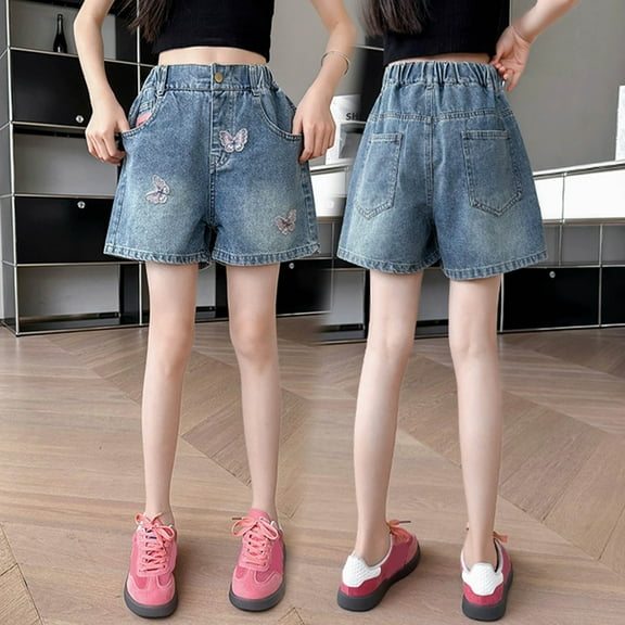 Tfken Toddler Kids Girls Denim Shorts Summer Elastic Waist Butterfly Print Comfortable Blue Jeans Shorts Size 13-14 Years