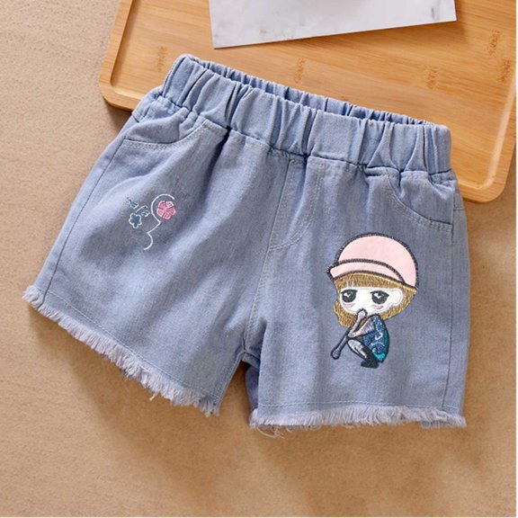 Tfken Toddler Kids Girls Jeans Shorts Cartoon Print Elastic Waist Vocation Comfortable Denim Shorts Light Blue Size 13-14 Years