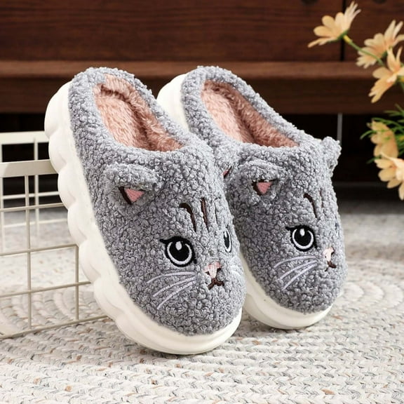 Tfken Toddler Kids Girls Slippers Cat Print Open Heel Fuzzy Plush Indoor Comfortable House Shoes Grey Size 4-5 Years