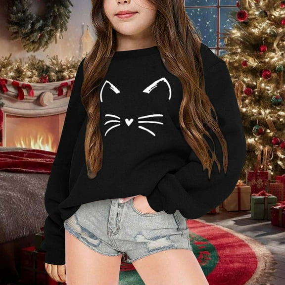 Tfken Toddler Kids Girls Sweatshirt Casual Long Sleeve Crew Neck Cat Print Tops Soft Pullover Sweater Black Size 4-5 Years