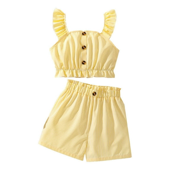 Tfken Toddler Outfits Sets For Girls 2 Pieces Off Shoulder Flying Sleeve Halter Tops With Shorts Solid Color Size 7-8 Years Yellow Summer Casual Soft Outfit Set