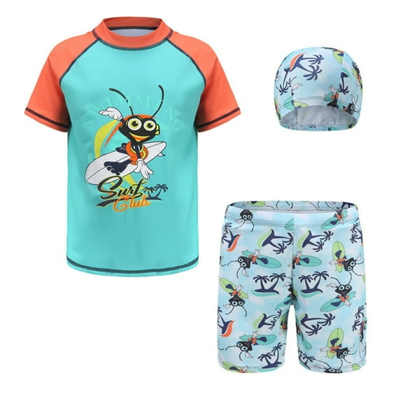 Tfken Toddler Teen Boy Swimwear Crew Neck Short Sleeve Swimsuits Ocean Print Summer Becah Charming Bathing Suit Navy Size 13-14 Years