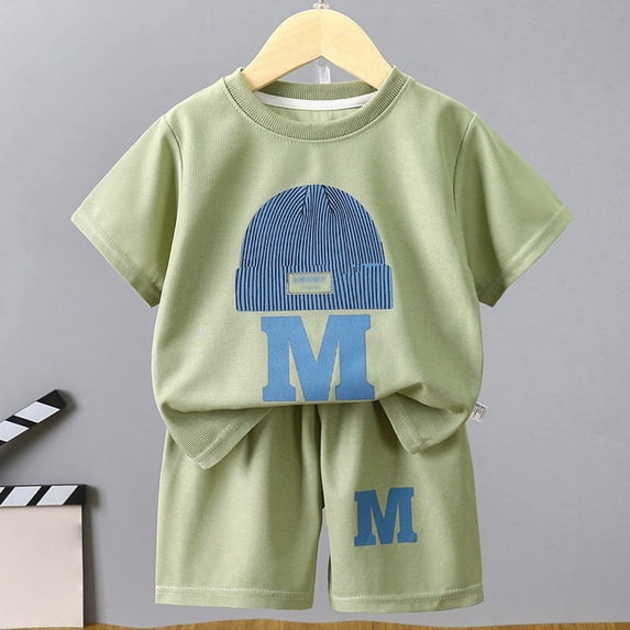 Tfken Toddler Boys Outfits Sets Loose Hat Print Summer Short Sleeve Tee Shorts Crew Neck Light Green Clothing Set 8 Months-12 Months
