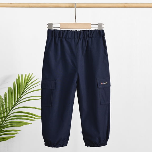 Tfken Toddler Teen Boys Trousers Size 18-24 Months Cargo Breathable Soft Elastic Waist Solid Color Dark Blue Pants