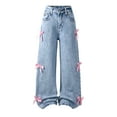 thumbnail image 1 of Tfken Toddler Teen Girls Denim Pant Bow Decoration Ankle-Length Elastic Waist Colored Wide-Leg Trendy Trendy jeans Blue Size 8-9 Years, 1 of 9