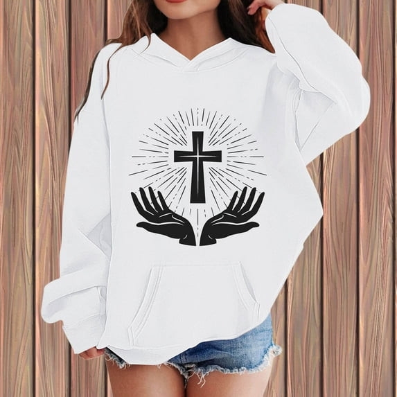 Tfken Toddler Teen Girls Hoodies Comfortable Summer Sweatshirt Cross Print Long Sleeve Black Tops Size 4-5 Years