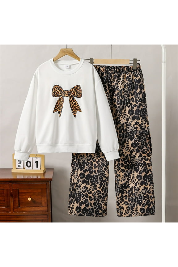 Toddler Teen Girls Outfit Set Leopard Print Long Sleeve Sweatshirt Pants Soft Brown Clothing Sets Size 7-8 Years