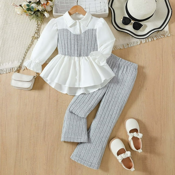 Tfken Toddler Teen Girls Outfit Set Size 5-6 Years Long Sleeve Patchwork Tops Pants Fashion Grey Clothing Sets