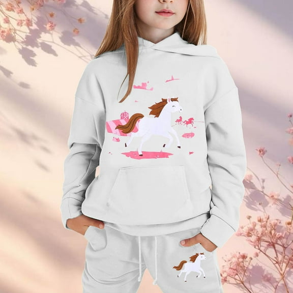 Tfken Toddler Teen Girls Outfits Sets Cute Cartoon Print Hooded Hoodies Sweatpants Long Sleeve White Outfit Set Size 2-3 Years