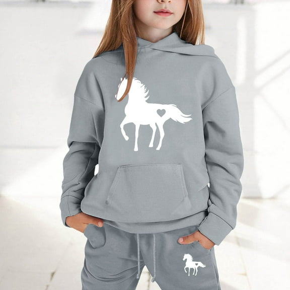 Tfken Toddler Teen Girls Outfits Sets Hooded Long Sleeve Cartoon Print Sweatshirt Pant Cute Classic-Fit Outfit Set Grey Size 6-7 Years