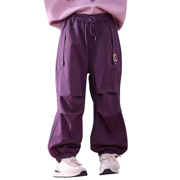 Tfken Toddler Teen Girls Pants Elastic Waist Straight-Leg Cargo Warm Purple Trousers Size 8-9 Years