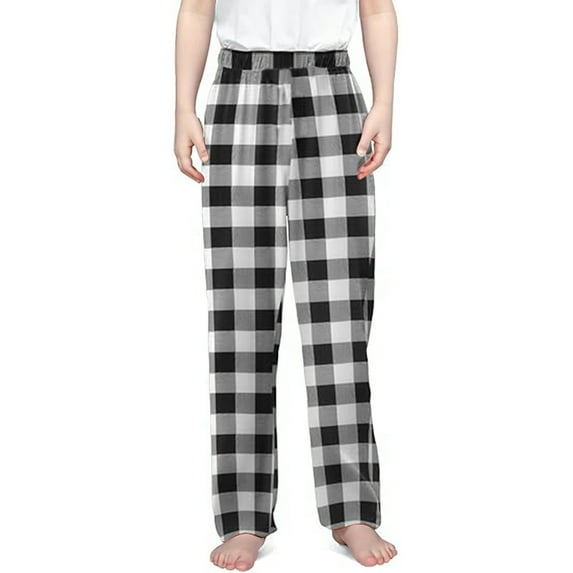 Tfken Toddler Teen Girls Pants Straight-Leg Casual Plaid Print Elastic Waist Soft Sleepwear Trousers Grey Size 4-5 Years