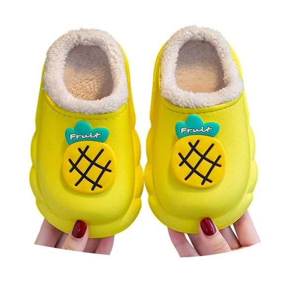 Tfken Toddler Teen Girls Slippers Fruit Print Closed Heel Fuzzy Plush Lining Fashion No Sandal Yellow Size 3.5-4 Years