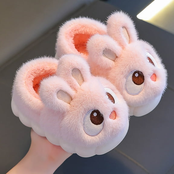 Tfken Toddler Teen Girls Slippers No Fuzzy Plush Closed Heel Rabbit Print Soft Light Pink House Shoes Size 6-7 Years