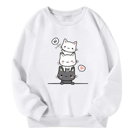 Tfken Toddler Teen Girls Sweatshirt Size 3-4 Years Long Sleeve Cat Print Casual Soft Daily Wear Tops White Pullover Sweater