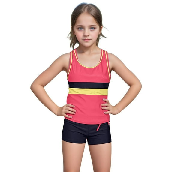 Tfken Toddler Girls Swimwear Crew Neck Sleeveless Two-Piece Sets Solid Color Summer Swimming Trunks Cute Beach Swimsuit Watermelon Red Size 7-8 Years