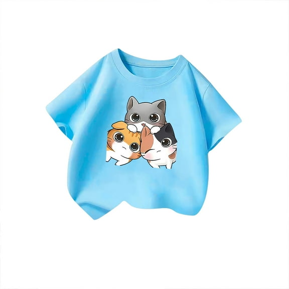 Tfken Toddler Teen Girls T-Shirts Crew Neck Short Sleeve Cute Print Tee Fashion Breathable Tops Blue Size 3-4 Years