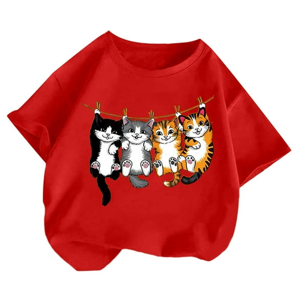 Tfken Toddler Teen Girls T-Shirts Crew Neck Short Sleeve Tops Cat Print Daily Wear Casual Tee Red Size 8-10 Years