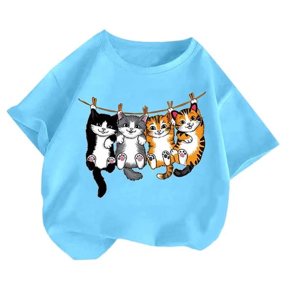 Tfken Toddler Teen Girls T-Shirts Size 6-8 Years Cat Print Crew Neck Tee Casual Short Sleeve Light Blue Tops