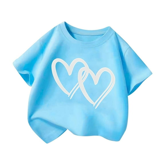 Tfken Toddler Teen Girls T-Shirts Size 8-9 Years Short Sleeve Heart Print Tee Soft Fashion Crew Neck Blue Tops