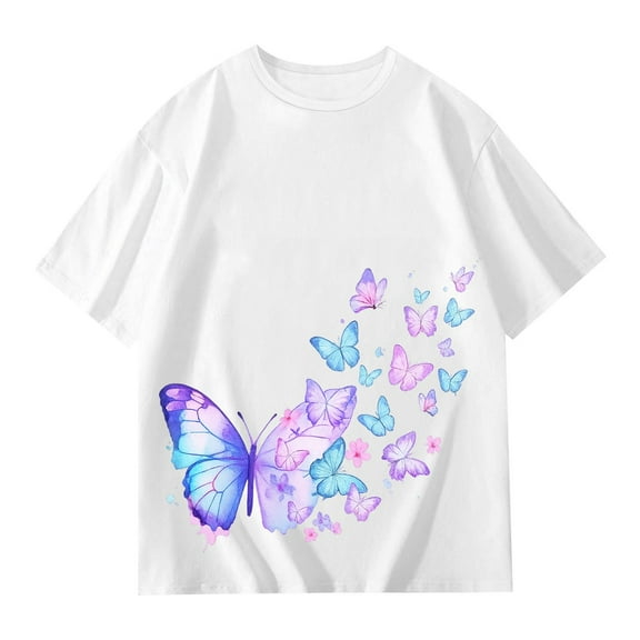 Tfken Toddler Teen Girls Tee Size 12-13 Years Short Sleeve Butterfly Print Tops Fashion Cute Crew Neck White T-Shirts